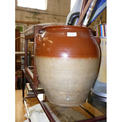 432 - LARGE SALT GLAZED POT WITH 2 HANDLES AND  CONTENTS OF STICKS AND UMBRELLAS