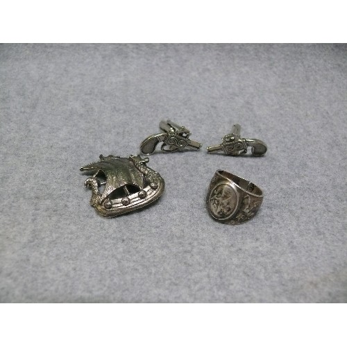 6 - PAIR OF PISTOL CUFFLINKS, SILVER RING  AND A VIKING SHIP BROOCH