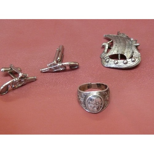 6 - PAIR OF PISTOL CUFFLINKS, SILVER RING  AND A VIKING SHIP BROOCH