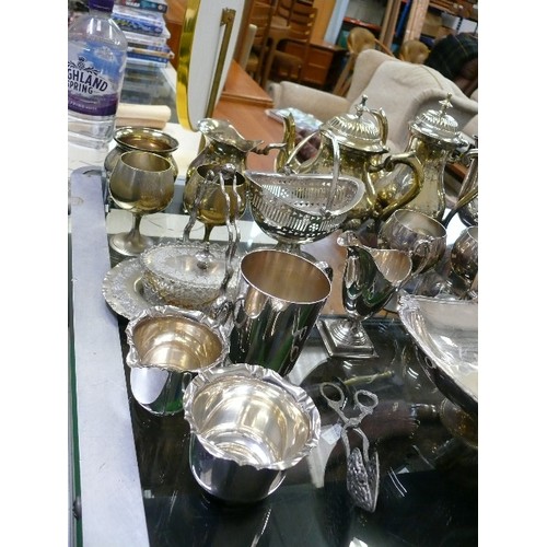 49 - NICE SELECTION OF SILVERPLATE ITEMS -  TRAY, COFFEE POT, CAKE PLATE, GOBLETS, SUGAR BOWL ETX