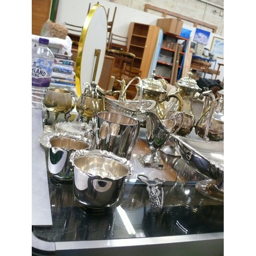 49 - NICE SELECTION OF SILVERPLATE ITEMS -  TRAY, COFFEE POT, CAKE PLATE, GOBLETS, SUGAR BOWL ETX