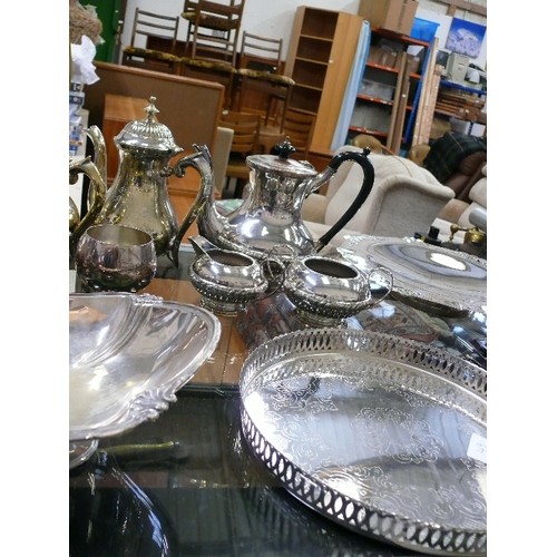 49 - NICE SELECTION OF SILVERPLATE ITEMS -  TRAY, COFFEE POT, CAKE PLATE, GOBLETS, SUGAR BOWL ETX