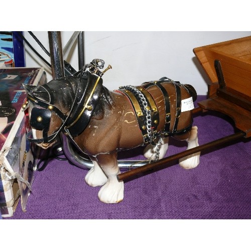 131 - A LARGE SHIRE HORSE FIGURE WITH A WOODEN CART