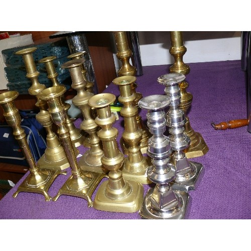 149 - A SELECTION OF BRASS AND CHROME CANDLESTICKS INCLUDING 5 PAIRS