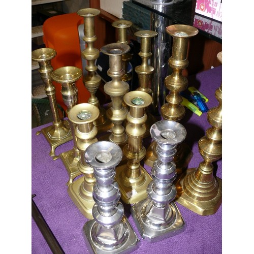 149 - A SELECTION OF BRASS AND CHROME CANDLESTICKS INCLUDING 5 PAIRS