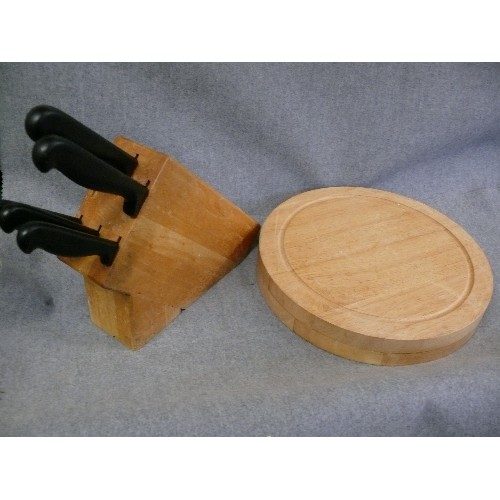 238 - A ROUND CHEESE BOARD WITH CONTENTS OF CHEESE KNIVES PLUS A KITCHEN KNIFE BLOCK SET