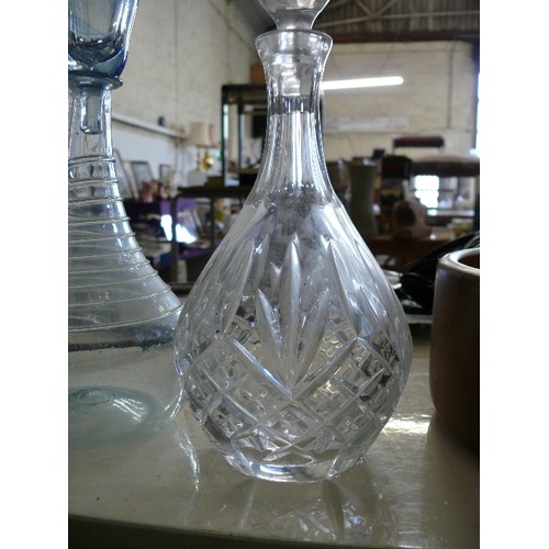 267 - A BEAUTIFUL CRYSTAL DECANTER PLUS A UNUSUAL BUBBLE EFFECT BLUE GLASS DECANTER