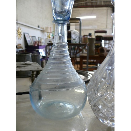 267 - A BEAUTIFUL CRYSTAL DECANTER PLUS A UNUSUAL BUBBLE EFFECT BLUE GLASS DECANTER