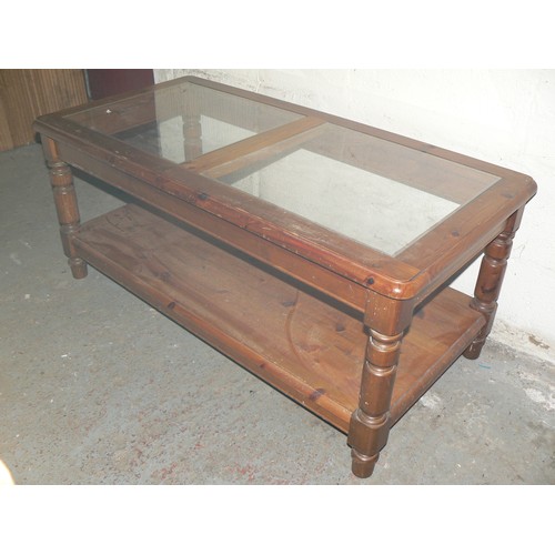 353 - SOLID PINE COFFEE TABLE, 2 GLASS INSERTS AND A SOLID PINE LOWER SHELF.