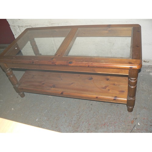 353 - SOLID PINE COFFEE TABLE, 2 GLASS INSERTS AND A SOLID PINE LOWER SHELF.