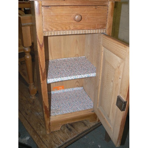 356 - ANTIQUE PINE BEDSIDE CUPBOARD, DRAWER AND SHELF CUPBOARD WITH KEY.