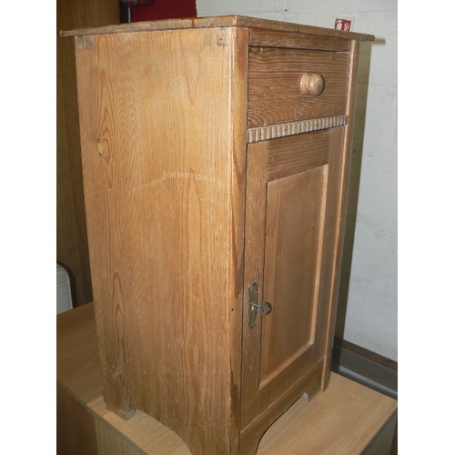 356 - ANTIQUE PINE BEDSIDE CUPBOARD, DRAWER AND SHELF CUPBOARD WITH KEY.