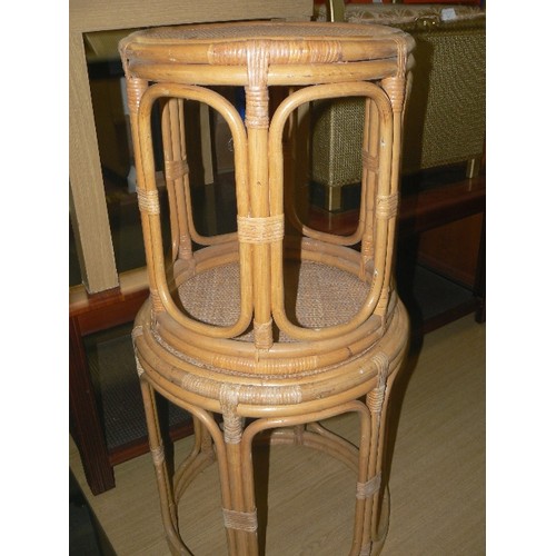 376 - TWO CANE ROUND SIDE TABLES WITH WOVEN TOP