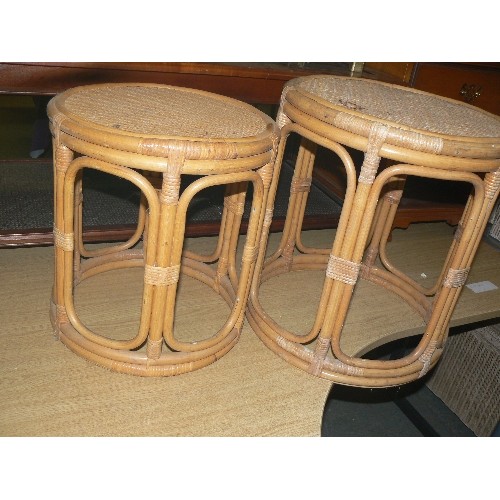 376 - TWO CANE ROUND SIDE TABLES WITH WOVEN TOP