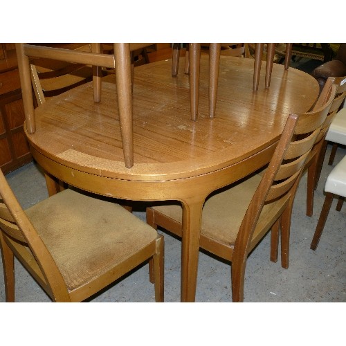 383A - MID CENTURY TEAK EXTENDING OVAL TABLE MEASURING 153CM X 100CM, EXTENDING TO 206CM.