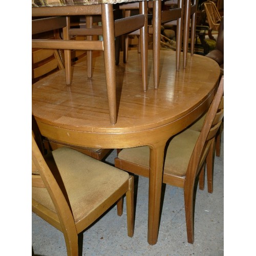 383A - MID CENTURY TEAK EXTENDING OVAL TABLE MEASURING 153CM X 100CM, EXTENDING TO 206CM.