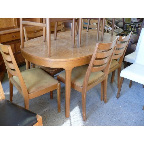 383A - MID CENTURY TEAK EXTENDING OVAL TABLE MEASURING 153CM X 100CM, EXTENDING TO 206CM.