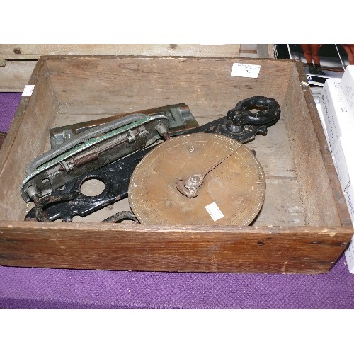 75 - WOODEN ADVERTSING BOX AND CONTENTS INCLUDING SALTER SCALES AND LETTER BOX