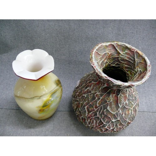 86 - MARBLED GLASS VASE  AND A STUDIO POTTERY VASE