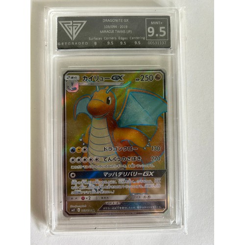 53 - GRADED POKEMON CARD, DRAGONITE GX MIRACLE TWINS,  GRADED BY GET GRADED AS 9.5 MINT+  IN SEALED PLAST... 