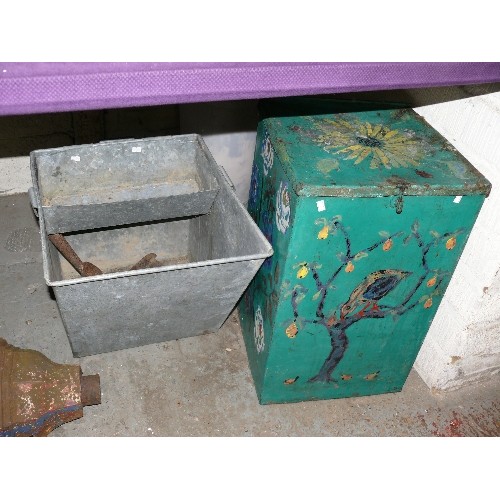 163 - A LARGE PAINTED GALVANISED STORAGE BOX PLUS A GALVANISED ANIMAL FEEDER