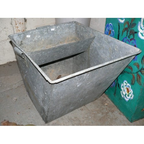 163 - A LARGE PAINTED GALVANISED STORAGE BOX PLUS A GALVANISED ANIMAL FEEDER