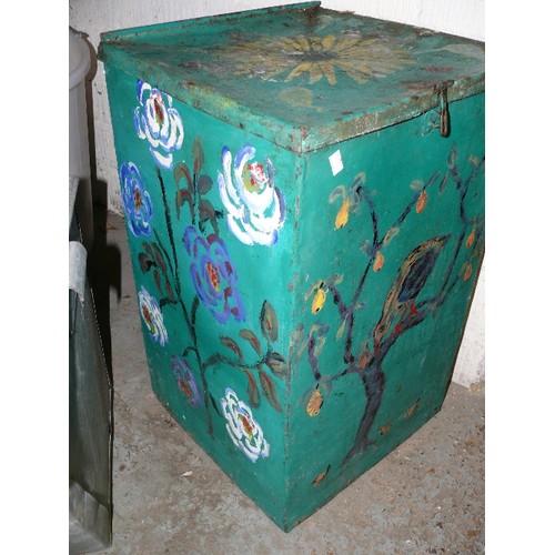 163 - A LARGE PAINTED GALVANISED STORAGE BOX PLUS A GALVANISED ANIMAL FEEDER