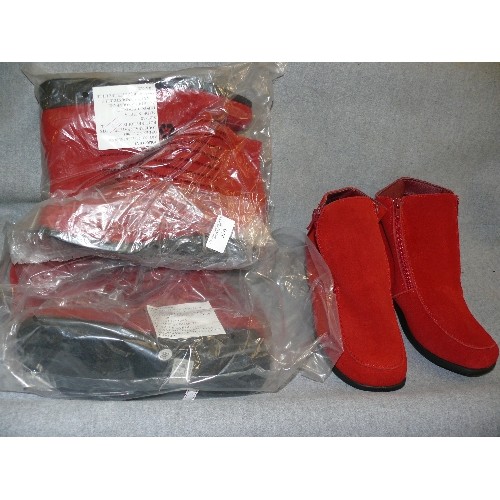 324 - 4 PAIRS OF NEW RED LEATHER BOOTS SIZE 38, FAUX FUR LINED