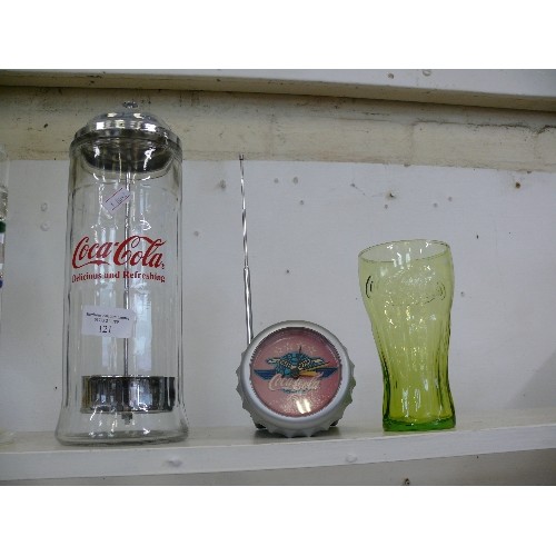 121 - A GLASS COCA COLA STRAW HOLDER PLUS A VINTAGE COCA COLA RADIO AND A COCA COLA GLASS