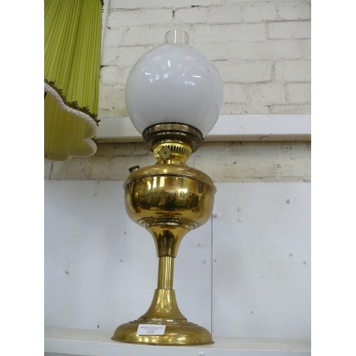 123 - A VERY LARGE BRASS OIL LAMP WITH GLASS SHADE AND FUNNEL