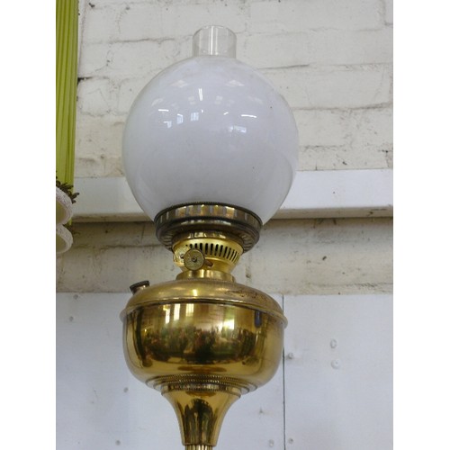 123 - A VERY LARGE BRASS OIL LAMP WITH GLASS SHADE AND FUNNEL