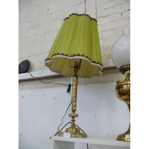 124 - A LARGE BRASS AND ONYX TABLE LAMP WITH VINTAGE GREEN LAMPSHADE