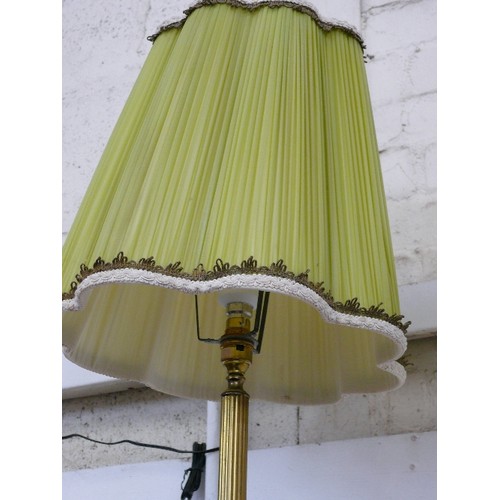 124 - A LARGE BRASS AND ONYX TABLE LAMP WITH VINTAGE GREEN LAMPSHADE