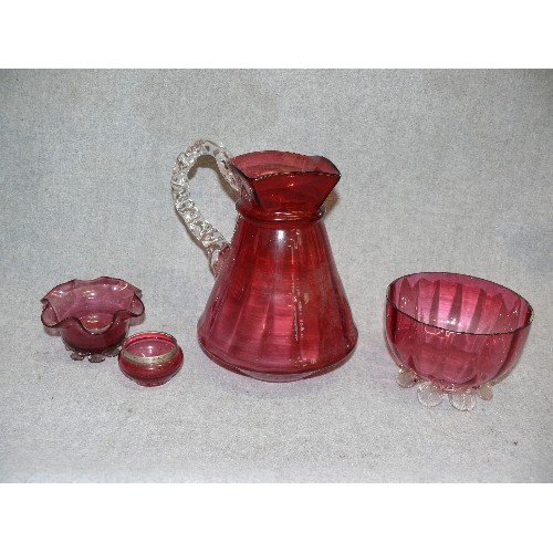 85A - A VERY NICE SELECTION OF VINTAGE CRANBERRY GLASS TO INCLUDE A SMALL POT WITH HALLMARKED SILVER RIM (... 