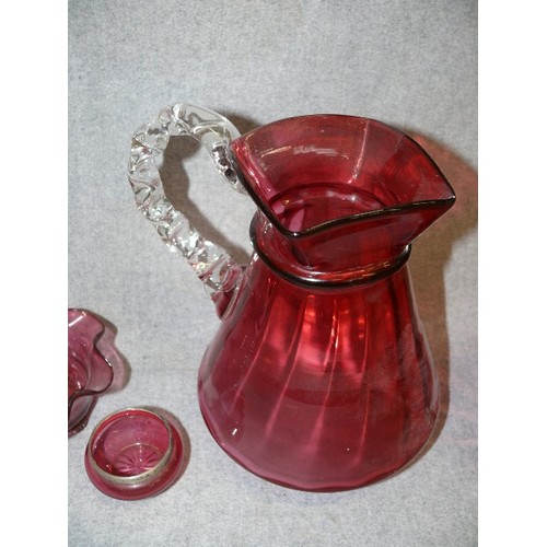 85A - A VERY NICE SELECTION OF VINTAGE CRANBERRY GLASS TO INCLUDE A SMALL POT WITH HALLMARKED SILVER RIM (... 