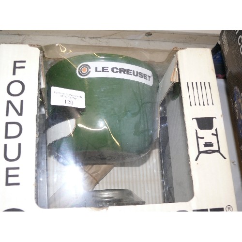 120 - A BOXED GREEN CAST IRON LE CREUSET FONDUE SET