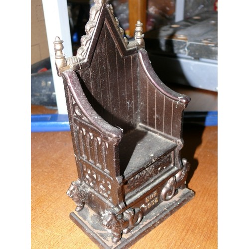 302 - A DECORARTIVE CAST IRON THRONE MONEYBOX ER 1952