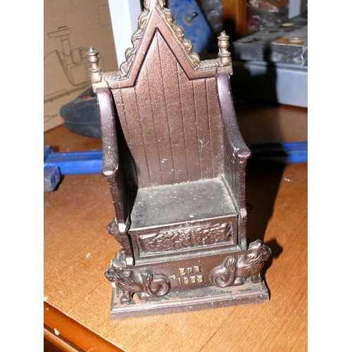 302 - A DECORARTIVE CAST IRON THRONE MONEYBOX ER 1952