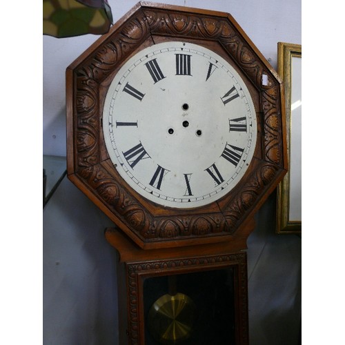 157 - A DECORATIVE GLASS AND WOODEN CASED MANTLE CLOCK AND A LARGE ORNATE WALL CLOCK - NO HANDS