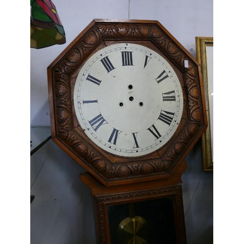 157 - A DECORATIVE GLASS AND WOODEN CASED MANTLE CLOCK AND A LARGE ORNATE WALL CLOCK - NO HANDS