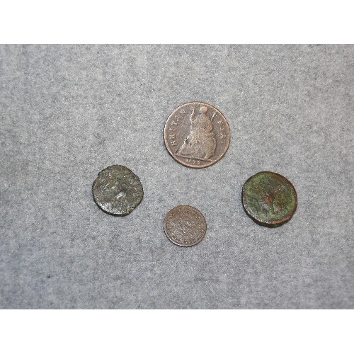 17 - 4  COINS  - 1ST CAROL VS CAROLO 1675 CHARLES II FARTHING, 2ND NETHERLANDS 1/2 CENT 1934,  3RD TWO AN... 