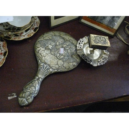 296A - VINTAGE CHERUB HAND MIRROR, EPNS PLUS AN UNUSUAL ASHTRAY  WITH CENTRAL MATCHBOX DEPICTING THE CHERUB... 