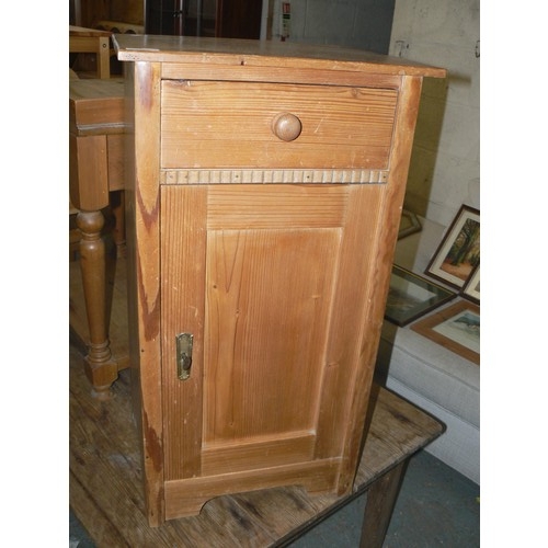 385 - ANTIQUE PINE BEDSIDE CUPBOARD, DRAWER AND SHELF CUPBOARD WITH KEY.