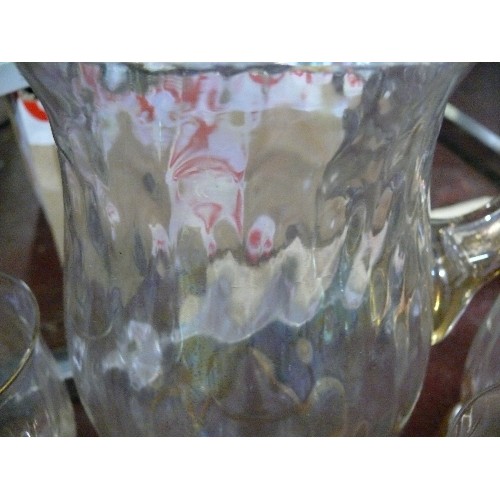 305 - RETRO CLEAR WITH LUSTRE JUG AND MATCHING GLASSES ALSO 6 SUNDAE DISHES WITH GRAPE ETCHING AND GILT RI... 