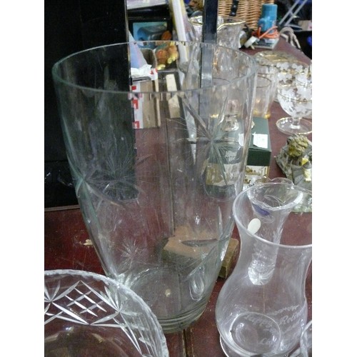 308 - NICE SELECTION OF MOSTLY CUT GLASS, BOWLS,  VASES, DOUBLE HANDED CUP ETC.