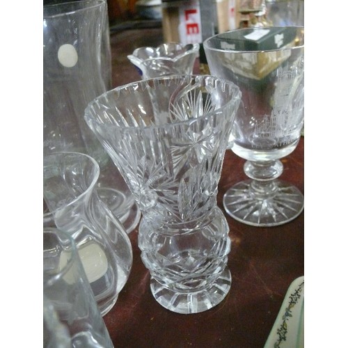 308 - NICE SELECTION OF MOSTLY CUT GLASS, BOWLS,  VASES, DOUBLE HANDED CUP ETC.