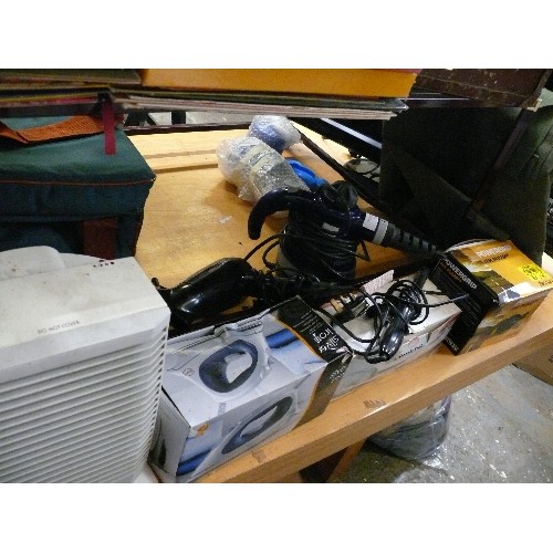 332 - 6 ITEMS - POWER GRIP  AIR PUMP, HAIR TONGS,  SWAN SILVER IRON (ALL BOXED), FAN HEATER AND A HANDHELD... 