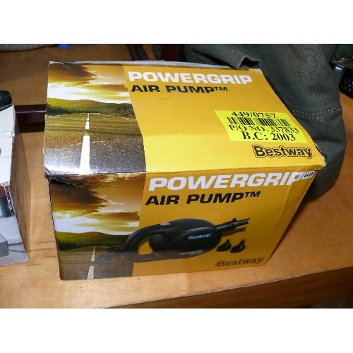 332 - 6 ITEMS - POWER GRIP  AIR PUMP, HAIR TONGS,  SWAN SILVER IRON (ALL BOXED), FAN HEATER AND A HANDHELD... 