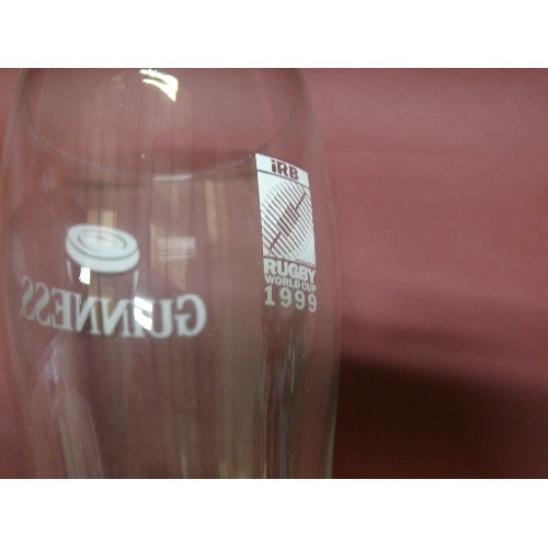 63 - A GUINNESS PINT GLASS FROM THE RUGBY WORLD CUP 1999 IN IT`S BOX-ALSO, A MAPPIN AND WEBB LIDDED JAM P... 