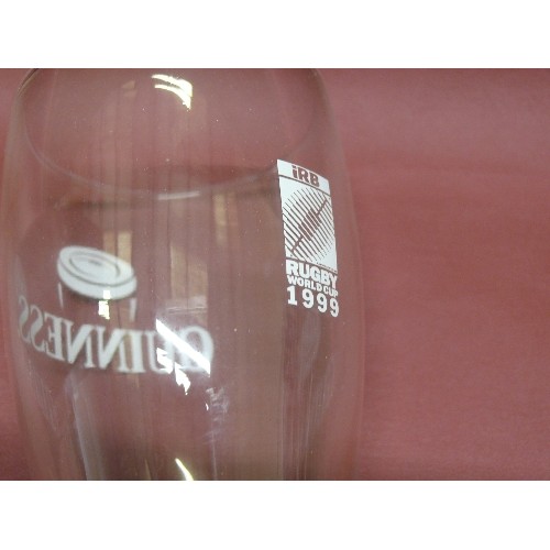 63 - A GUINNESS PINT GLASS FROM THE RUGBY WORLD CUP 1999 IN IT`S BOX-ALSO, A MAPPIN AND WEBB LIDDED JAM P... 